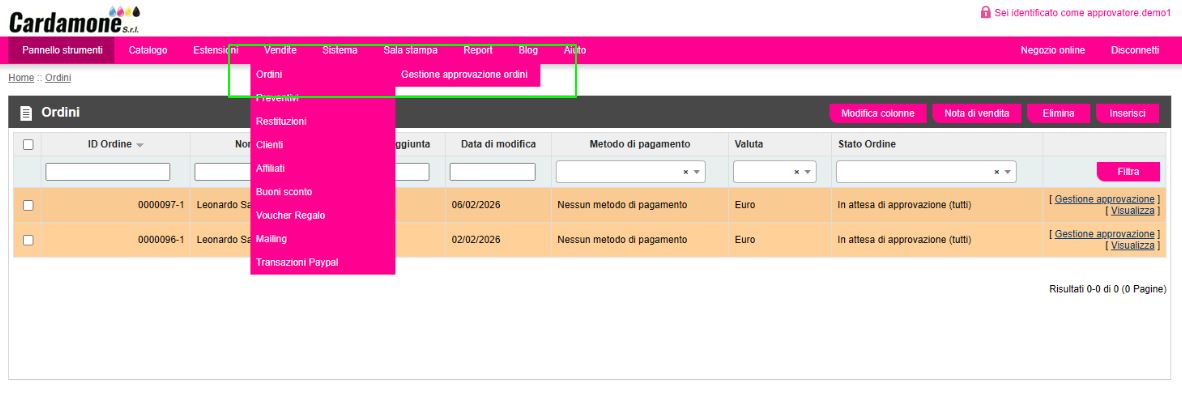 menu approvazioni ordini