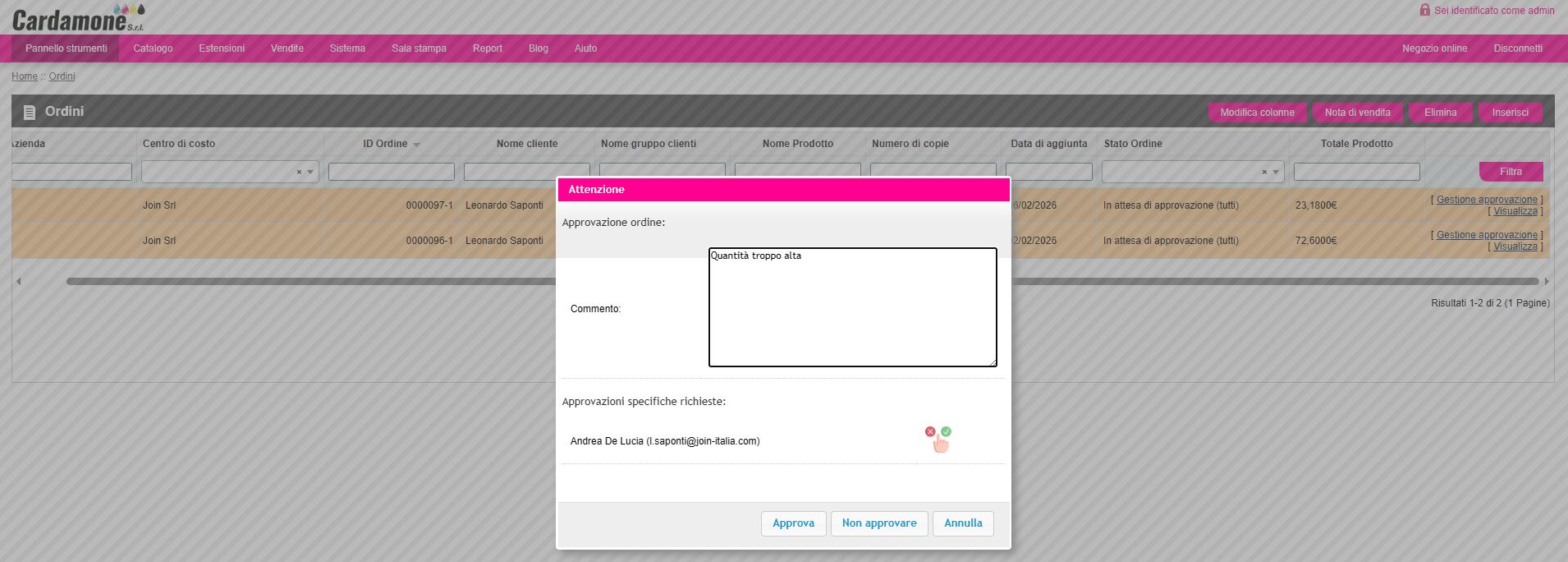 finestra di approvazione ordine